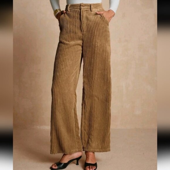 Women's Wide Leg Pants With Corduroy Texture And Side Pockets - Picture 1 of 4